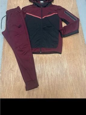 Nike Burgundy and Black Hooded Tracksuit Set